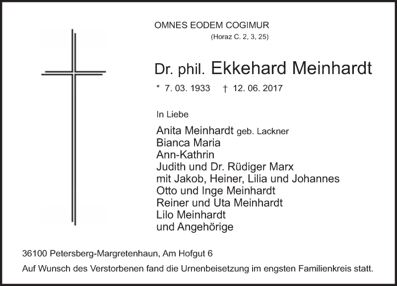  Traueranzeige für Ekkehard Meinhardt vom 23.06.2017 aus 