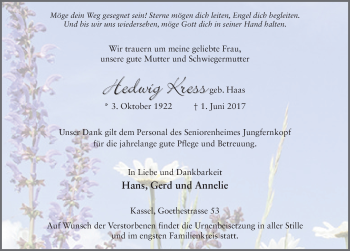 Traueranzeige von Hedwig Kress 