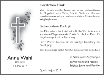 Traueranzeige von Anna Wahl 