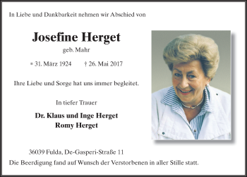 Traueranzeige von Josefine Herget 