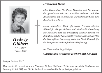 Traueranzeige von Hedwig Glübert 