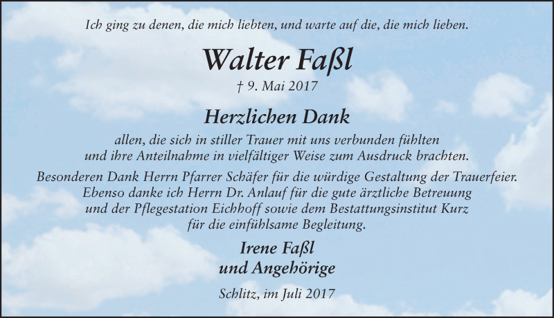  Traueranzeige für Walter Faßl vom 08.07.2017 aus 