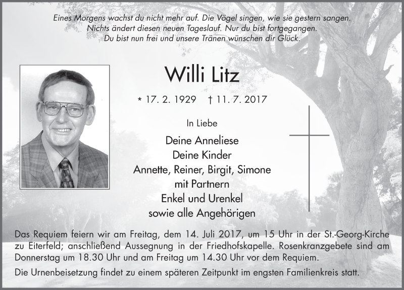  Traueranzeige für Willi Litz vom 12.07.2017 aus 