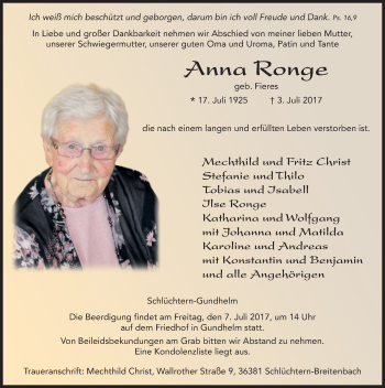 Traueranzeige von Anna Ronge 