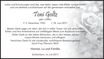 Traueranzeige von Toni Goltz 