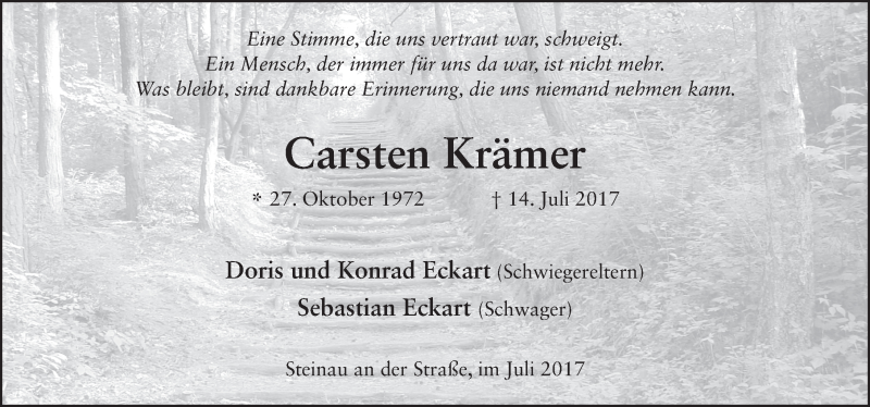  Traueranzeige für Carsten Krämer vom 19.07.2017 aus 