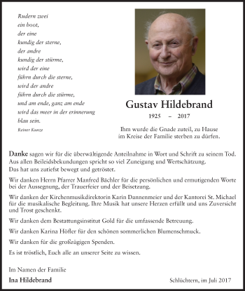 Traueranzeige von Gustav Hildebrand 