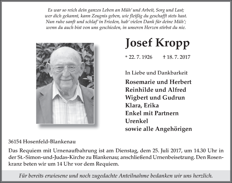  Traueranzeige für Josef Kropp vom 22.07.2017 aus 