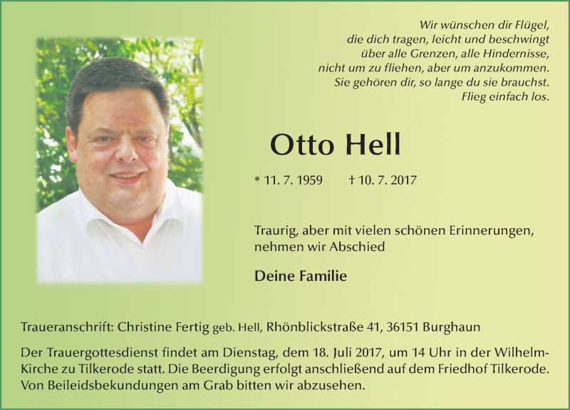  Traueranzeige für Otto Hell vom 15.07.2017 aus 