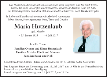 Traueranzeige von Maria Hutzenlaub 
