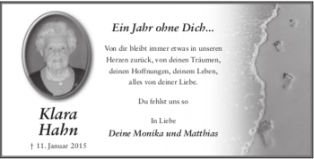 Traueranzeige von Klara Hahn 
