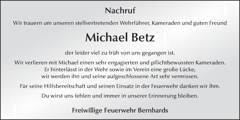  Traueranzeige für Michael Betz vom 10.07.2017 aus 