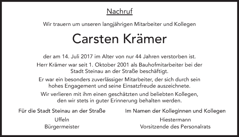  Traueranzeige für Carsten Krämer vom 19.07.2017 aus 