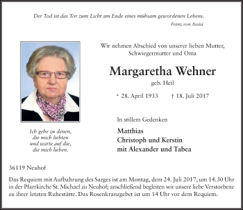 Traueranzeige von Margaretha Wehner 