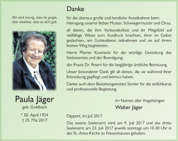 Traueranzeige von Paula Jäger 