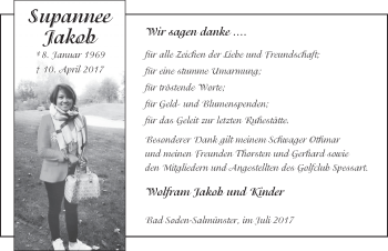 Traueranzeige von Supannee Jakob 