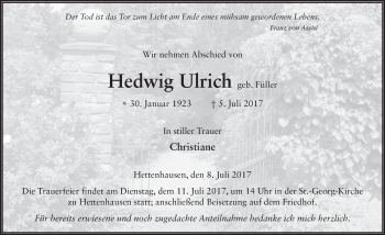 Traueranzeige von Hedwig Ulrich 