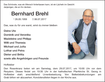 Traueranzeige von Bernhard Brehl 