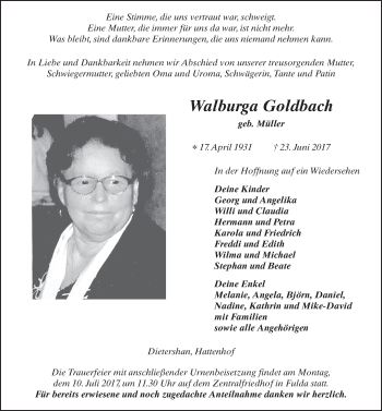 Traueranzeige von Walburga Goldbach 