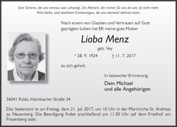 Traueranzeige von Lioba Menz 