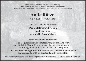 Traueranzeige von Anita Rützel 