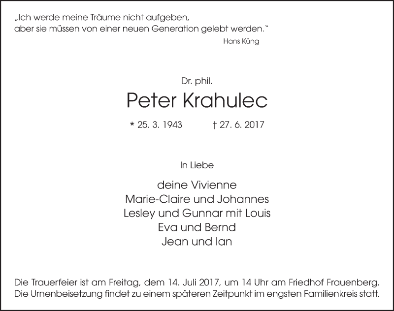  Traueranzeige für Peter Krahulec vom 08.07.2017 aus 