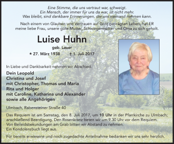 Traueranzeige von Luise Huhn 