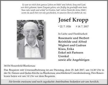 Traueranzeige von Josef Kropp 