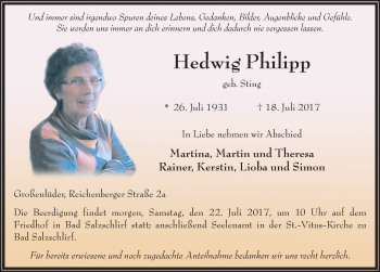 Traueranzeige von Hedwig Philipp 