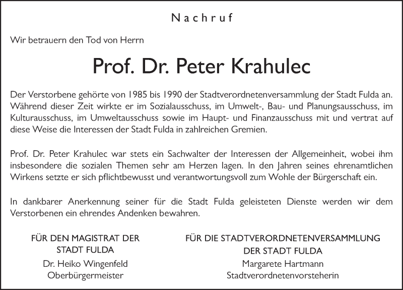  Traueranzeige für Peter Krahulec vom 08.07.2017 aus 