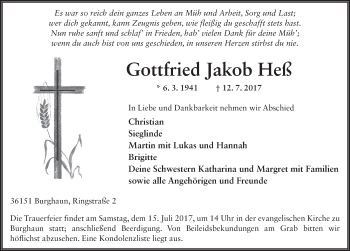 Traueranzeige von Gottfried Jakob Heß 