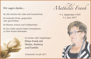 Traueranzeige von Mathilde Frank 