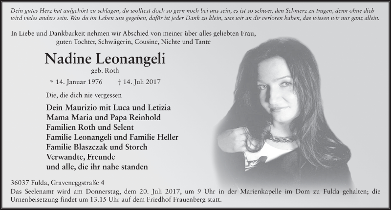  Traueranzeige für Nadine Leonangeli vom 17.07.2017 aus 