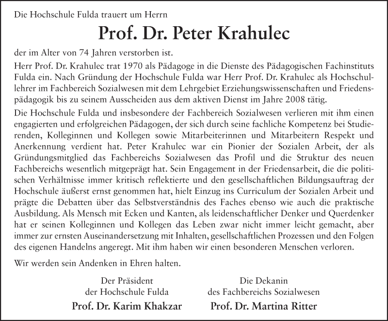  Traueranzeige für Peter Krahulec vom 08.07.2017 aus 