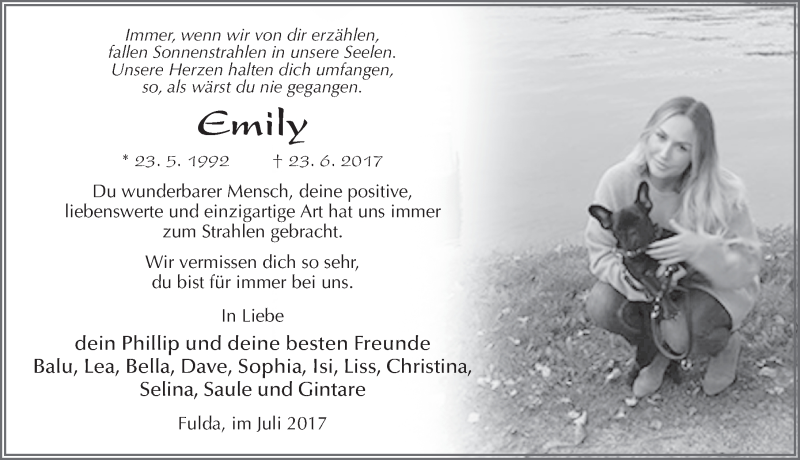  Traueranzeige für Emily Fromm vom 01.07.2017 aus 