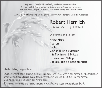 Traueranzeige von Robert Herrlich 