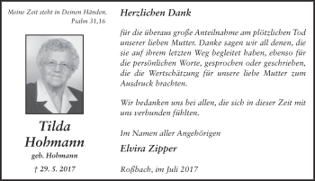 Traueranzeige von Tilda Hohmann 