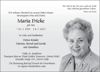 Traueranzeige von Maria Fricke 