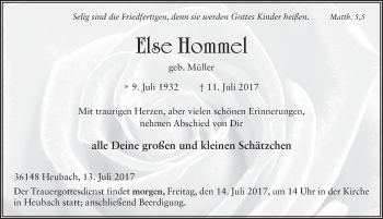 Traueranzeige von Else Hommel 
