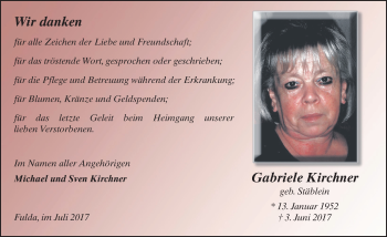 Traueranzeige von Gabriele Kirchner 