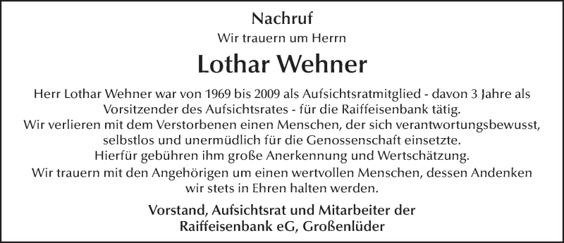  Traueranzeige für Lothar Wehner vom 12.07.2017 aus 