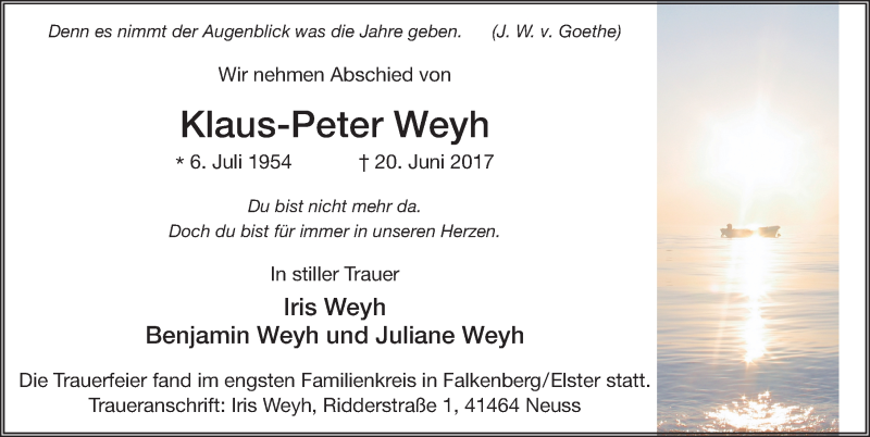  Traueranzeige für Klaus-Peter Weyh vom 15.07.2017 aus 