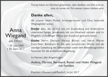 Traueranzeige von Anna Wiegand 