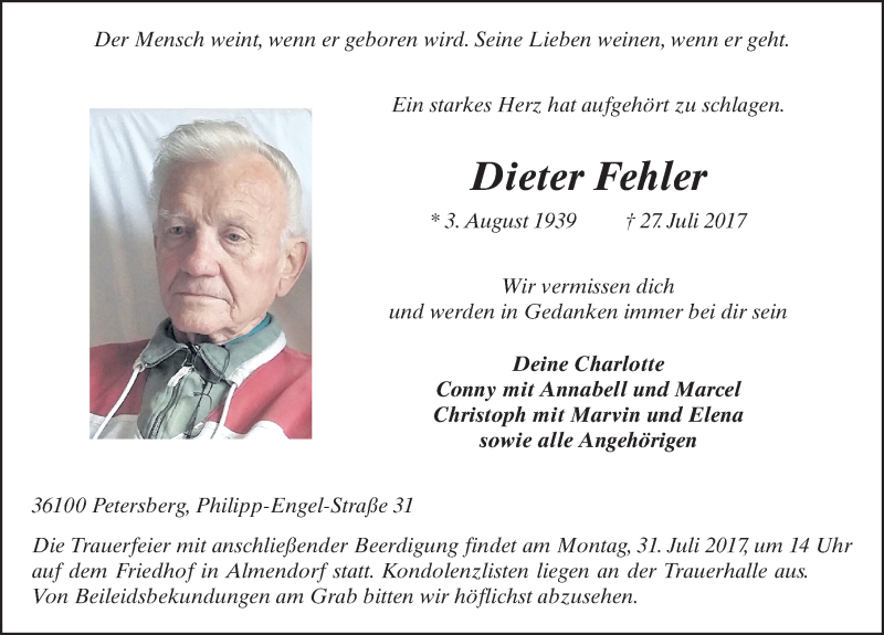  Traueranzeige für Dieter Fehler vom 29.07.2017 aus 