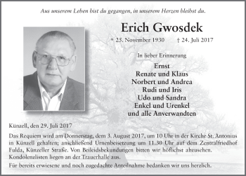 Traueranzeige von Erich Gwosdek 