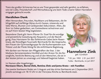 Traueranzeige von Hannelore Zink 