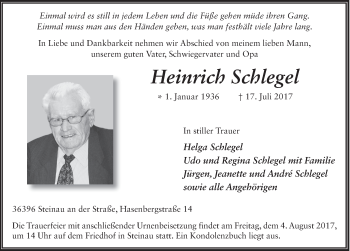 Traueranzeige von Heinrich Schlegel 