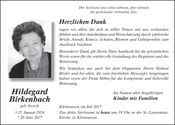 Traueranzeige von Hildegard Birkenbach 