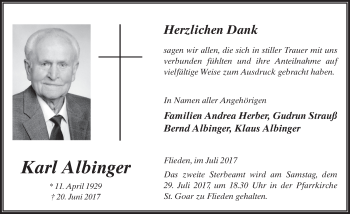 Traueranzeige von Karl Albinger 