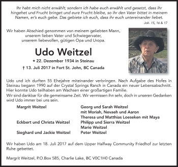 Traueranzeige von Udo Weitzel 
